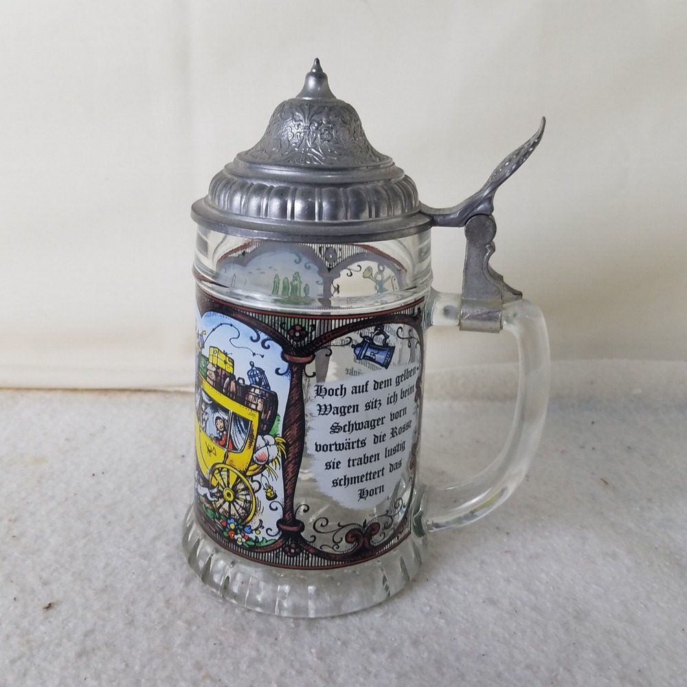 Vintage German Beer Stein Glass Pewter Lid Horse Carriage Fairytale‎